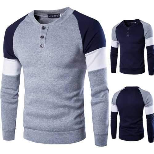 Mens Fashion Casual British Style Sweater Spell Color Stitching Button Raglan Sleeve T-shirt