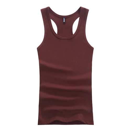 Mens Solid Color Round Neck Vest Casual Sport Summer Cotton Slim Fit Tanks Top