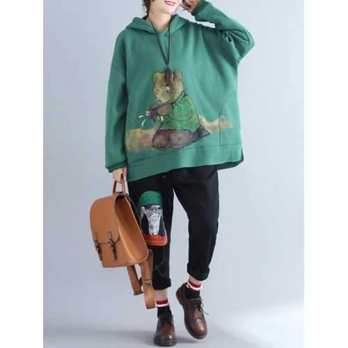 Plus Size Casual Women Green Bear Hooded Thick Sweatshirts