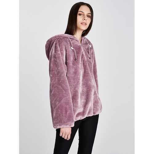 Women Hooded Zip Up Coral Velvet Loose Sweatshirt