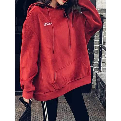 Women Fluffy Pleuche Long Sleeve Hooded Sweatshirt