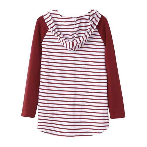 Casual Women Casual Loose V-Neck Hooded Striped Blouse